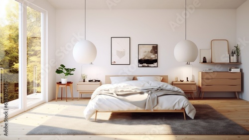 Bedroom decor, home interior design . Scandinavian Minimalist style with Statement Pendant decorated with Wood and White Walls material . Generative AI AIG26. photo