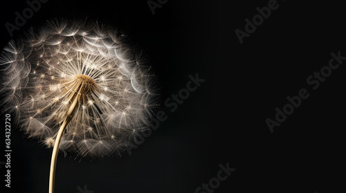 Close-up of dandelion with flying seed heads on a black background. Minimalistic flower art. Creative copy space.