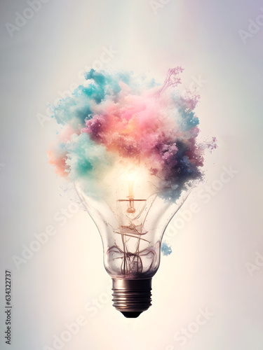 Burst of colorful clouds from a light bulb on a white background. Ideas explosion concept. 