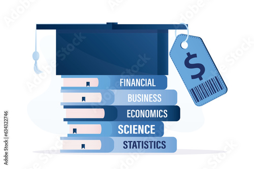 Payment for college or university, investment in education. Grant, scholarship of student. Tuition fees, high cost of education. Stack of various textbooks and graduation hat with price tag