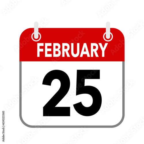 25 February, calendar date icon on white background.