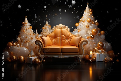 Golden sofa with christmas tree and gift boxes. Orange christmas background, created with generative ai