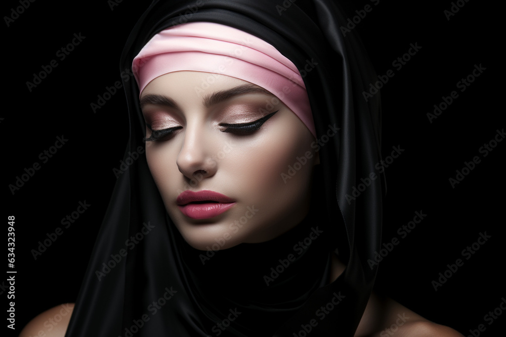 Close up of a beautiful female face with black and pink scarf on head