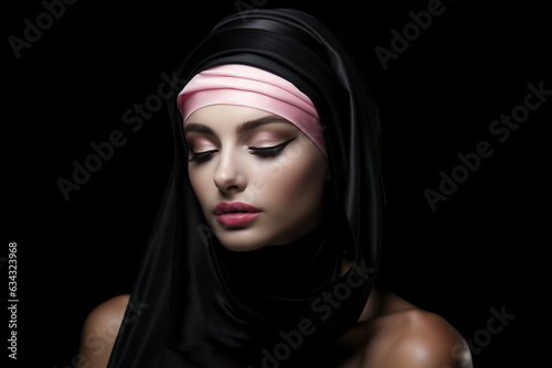 Beautiful female face with black and pink scarf on head