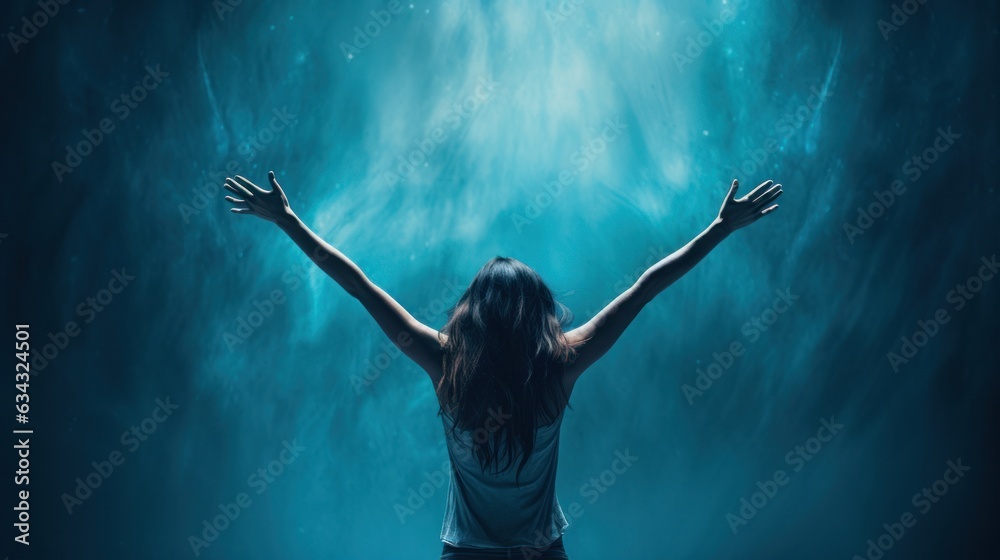 At a concert, a woman with her arms raised in the air dances with wild abandon, as if the music were carrying her through an underwater dreamscape