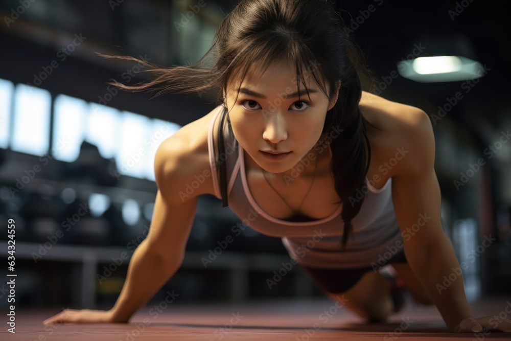 Fototapeta premium A determined woman models strength and perseverance as she gracefully executes a perfect set of push ups on the floor, her toned muscles glistening with sweat