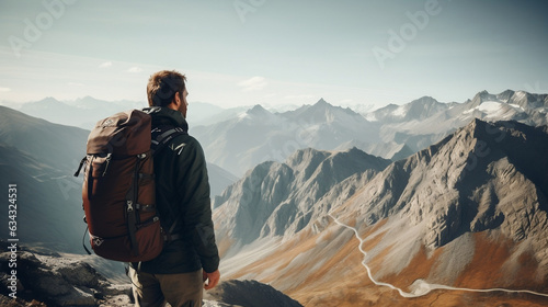 Male tourist climbed to the top of the mountain new quality universal colorful technology stock image illustration design, generative ai