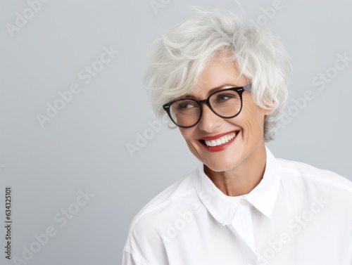 A woman with white hair and glasses beams joyfully from her portrait, her eyewear and clothing adding to the vibrant composition of her headshot