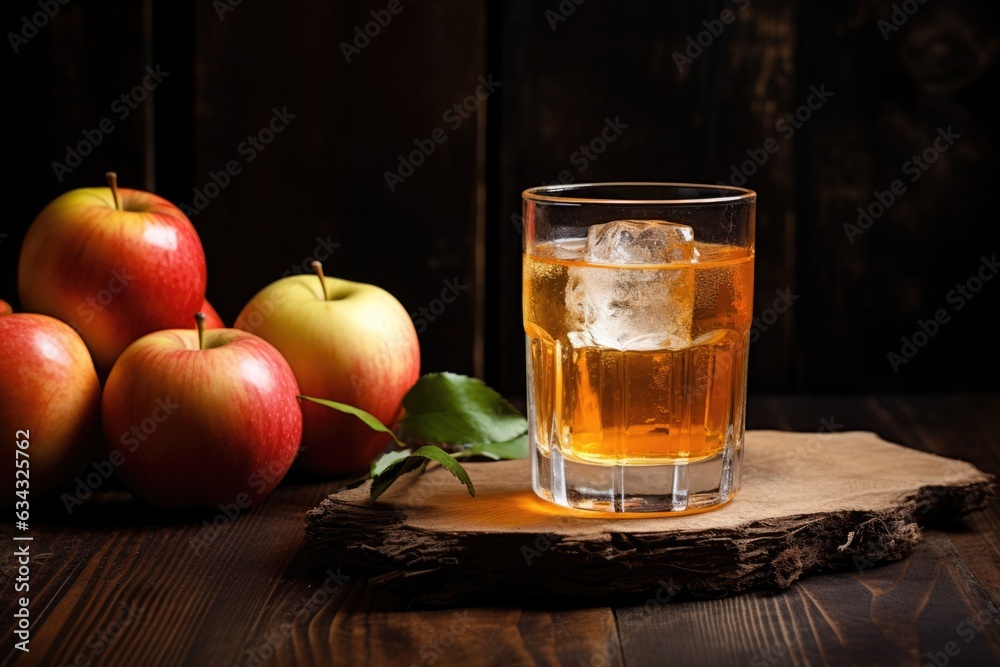 Apple juice in glass a apples on wooden table top background. Generated by AI technology. Apple juice in glass a apples on wooden table top background. Generated by AI technology.