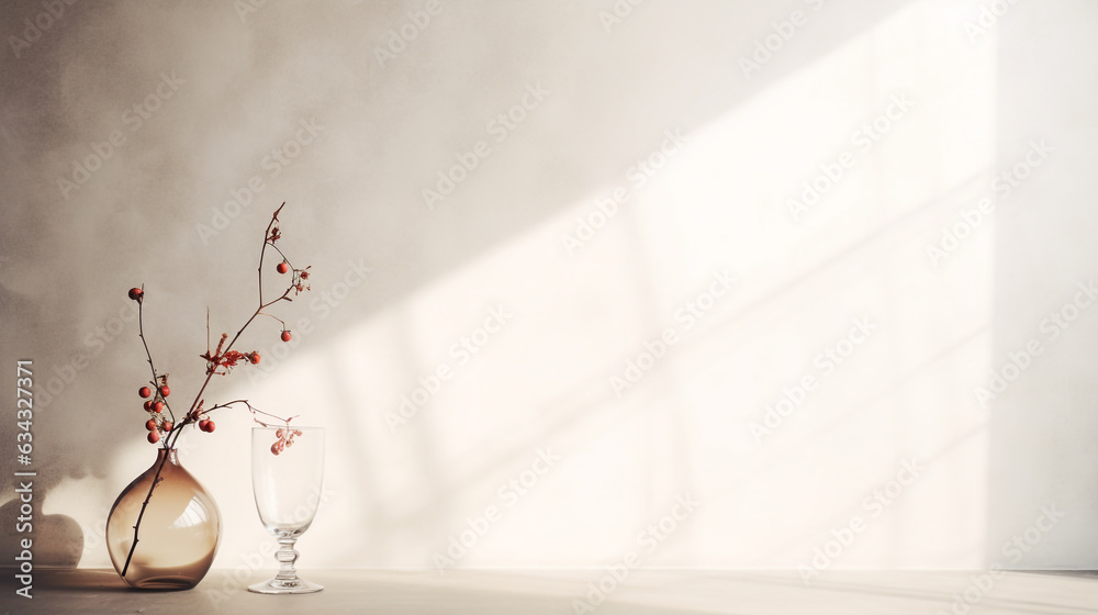 still life with two glass vessels with a dried branch against a white wall illuminated by the sun. Generative Ai. still life with two glass vessels with a dried branch against a white wall illuminated by the sun. Generative Ai.