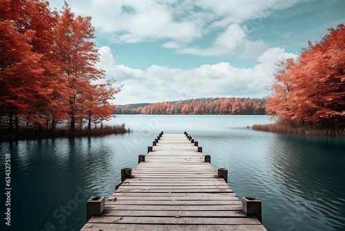 Pier leading into a lake in autumn. Generative AI. photo