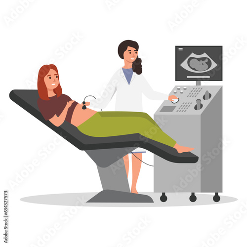 Medical ultrasound examination, pregnancy vector illustration. Cartoon young pregnant woman on obstetric ultrasonography procedure with ultrasound scanner, monitoring baby growth. photo