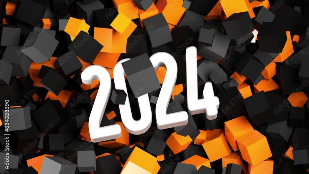 texte 2024 qui apparait sous des cubes oranges et noires - animation 4K