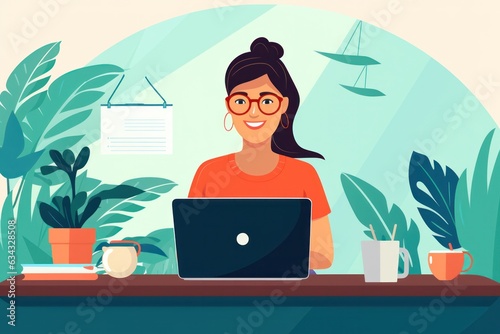 A creative cartoon illustration of a woman sitting at a desk, intently working away on her laptop, conveys a sense of purpose and ambition