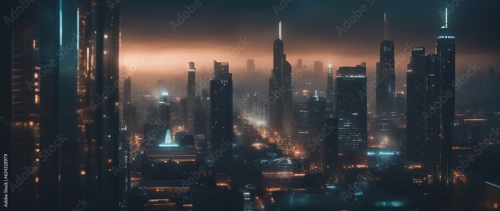 Aerial view to a cyberpunk neon city at night. Futuristic city scene in a style of sci-fi art. 80's wallpaper. Retro future Generative AI illustration. Urban scene.