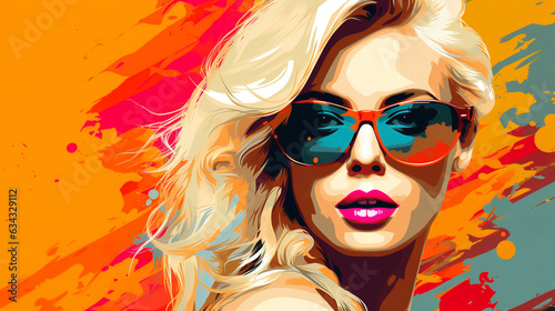 portrait of a young blonde woman in glasses on a festive background close-up, illustration in the style of abstract impressionism. Generative AI