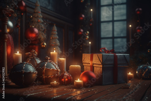 Christmas boxes with gifts and burning candles by the Christmas tree. Generative Ai. 