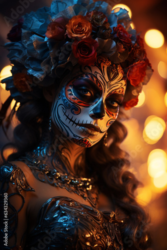 La Catrina dia de muertos schöne Frau mit Maske / Make-up, dekoriert mit Blumen Kostüm. Tag der Toten in Mexico. Hochkant. Hochformat. Generative Ai.