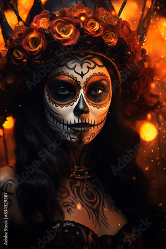 La Catrina dia de muertos schöne Frau mit Maske / Make-up, dekoriert mit Blumen Kostüm. Tag der Toten in Mexico. Hochkant. Hochformat. Generative Ai.
