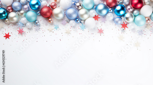 christmas balls and stars on a white background with empty space to insert. Generative Ai. 