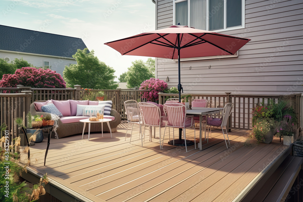 terraza de madera con sombrilla rosa, con mesa y sofa en vivienda de madera clásica, ilustracion de ia generativa