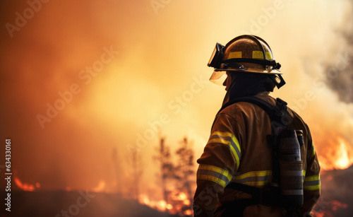 Fotografering Portrait of a firefighter looking at dramatic forest fire caused by hot weather