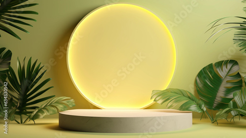 Round pastel podium and palm leaf  Abstract minimal geometric shapes background  Aesthetic summer dais concept and shadows on the wall  3D Modern design for product showcase display  AI generated.