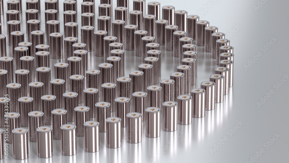 lot lithium traction 4680 accumulator cell for battery modules, mass production batteries high power, energy for electric vehicles, dry electrode, alternative energy development concept, 3d rendering