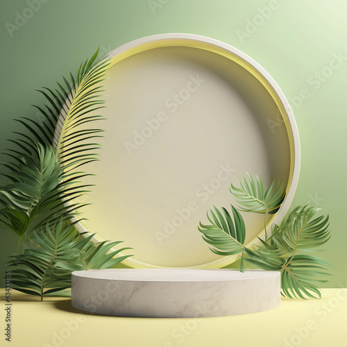Round pastel podium and palm leaf, Abstract minimal geometric shapes background, Aesthetic summer dais concept and shadows on the wall, 3D Modern design for product showcase display, AI generated.