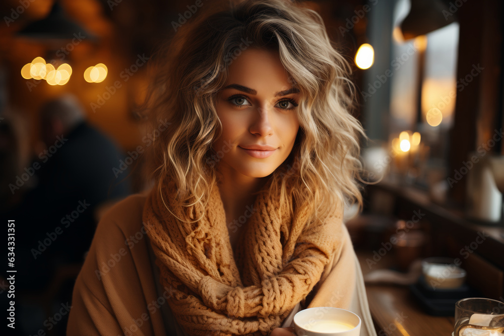 woman in atmospheric cozy cafe drinking coffee - obrazy, fototapety, plakaty 