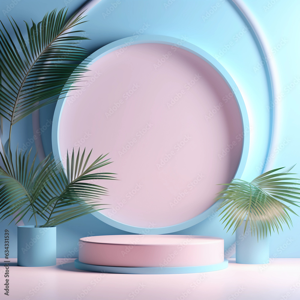 Round pastel podium and palm leaf, Abstract minimal geometric shapes background, Aesthetic summer dais concept and shadows on the wall, 3D Modern design for product showcase display, AI generated. Round pastel podium and palm leaf, Abstract minimal geometric shapes background, Aesthetic summer dais concept and shadows on the wall, 3D Modern design for product showcase display, AI generated.