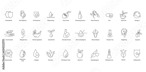 Design a Series of Vector Icons for Holistic Beauty and Wellness, Including Antioxidants, Radiant Skin, UV Protection, Moisturizing, Citrus Fresh, Renewing Essence, Glow Enhancer, Zinc, Green Tea