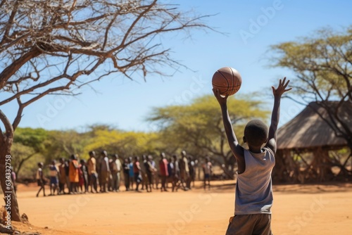 African boys play or practice basketball outside on the street