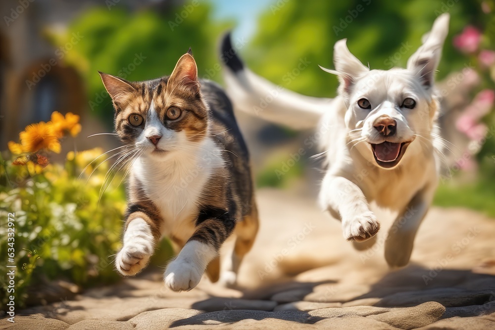 cat and dog running in garden