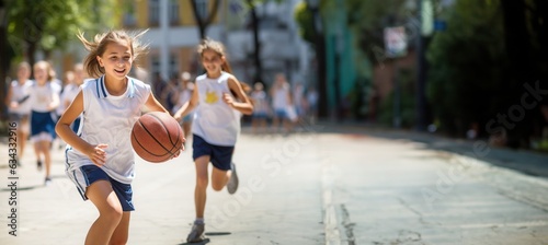 Female basketball player with a ball in the game