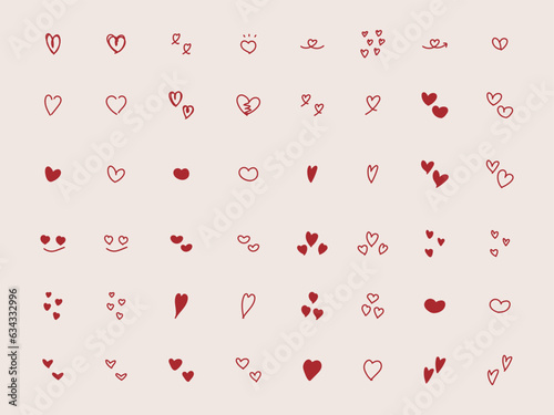 イラスト素材：かわいい手書きのベクターのハートセット　赤　Hand drawn vector red heart illustration set