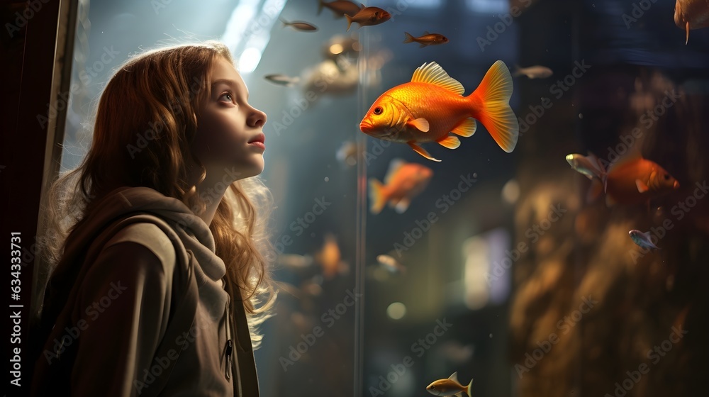 Verzaubertes Kind: Eine magische Begegnung mit den schillernden Bewohnern des Aquariums - obrazy, fototapety, plakaty 
