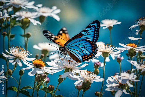 butterfly on a flower  A mesmerizing butterfly perches gracefully on a bed of vibrant flowers