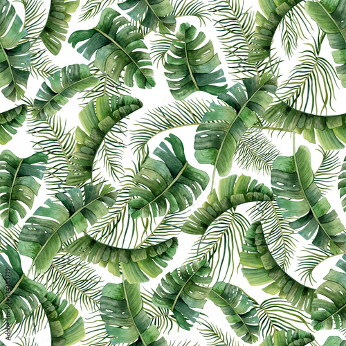Watercolor tropical palm leaves watercolor seamless pattern on white background with green jungle plants, date palm tree, monstera and banana leaves for prints, fabric or wallpapers