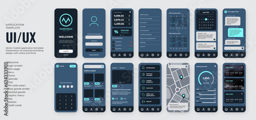 UI UX mobile app template with dark blue colors, include logo, log in page, map, goods list and other screens.