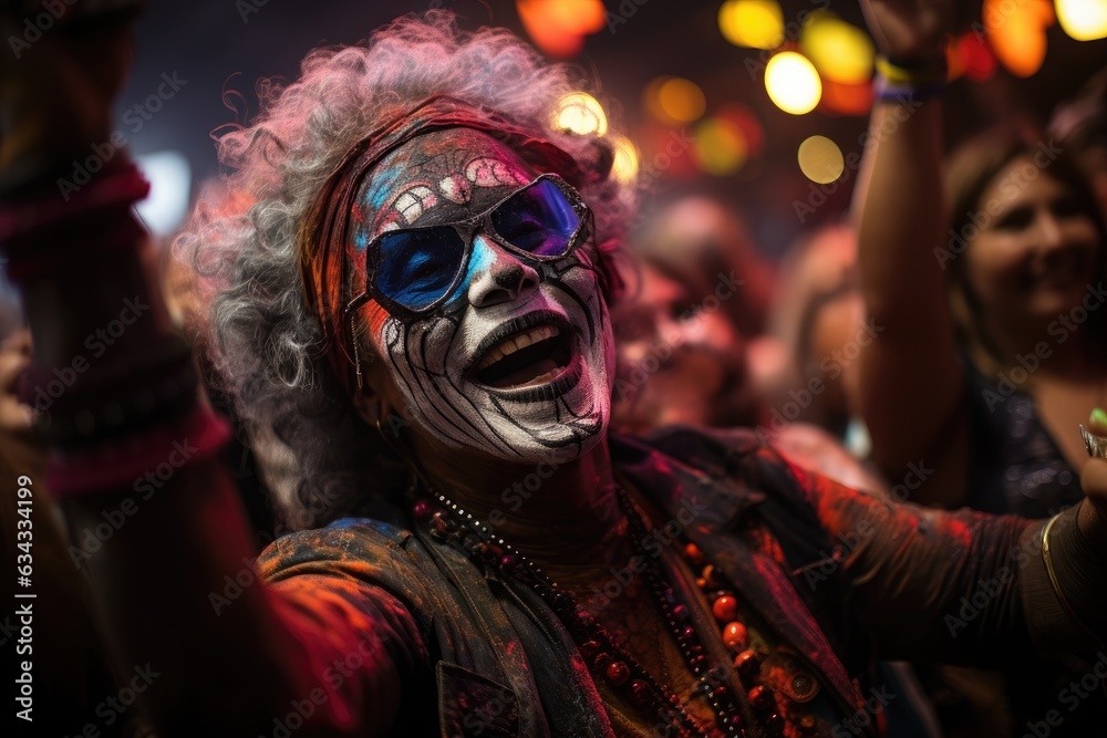 People having fun at Halloween party. Cheerful friends dancing in the costumes in nightclub.