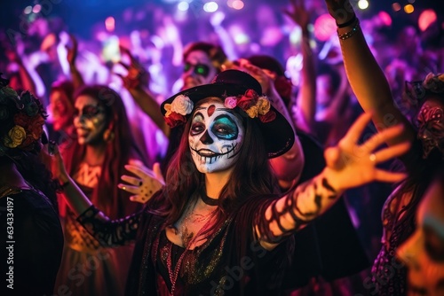 People having fun at Halloween party. Cheerful friends dancing in the costumes in nightclub.