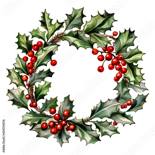 Christmas Watercolor wreath of holly berries. Botanical watercolor illustration of winter plants isolated on white background. Vintage Xmas home decor.