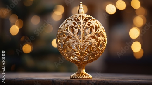 close-up shot of a golden star tree topper, positioned at the peak of a Christmas tree © PinkiePie