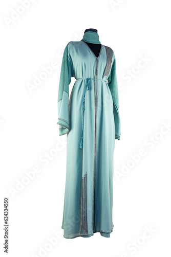 Elegant light blue embroidered abaya with beaded trim on a mannequin - Modest Islamic fashion for women.