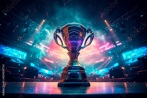 Fotografie, Obraz The esports winner trophy standing on the stage in the middle of the arena of the computer video game championship