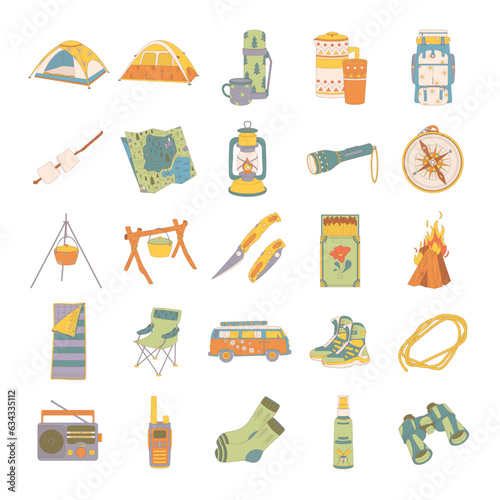 Camping and hiking set, drawn elements — tent, campfire, map, van. Wilderness survival, travel, hiking.