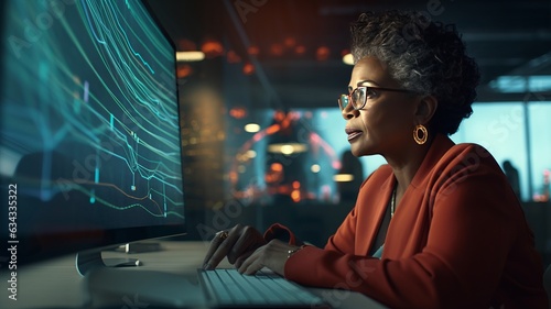 charismatic mature middle-aged african woman with silver hair  a businesswoman working in data analytics science or engineering sitting i n front of the monitor. clean-photo