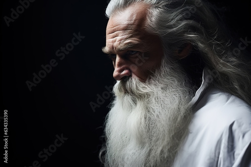 Portrait of wise serious focused old man with gray beard on dark background, strong confident senior man in white robe looking away photo