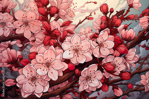 Cherry blossom pink flowers on a tree branch 